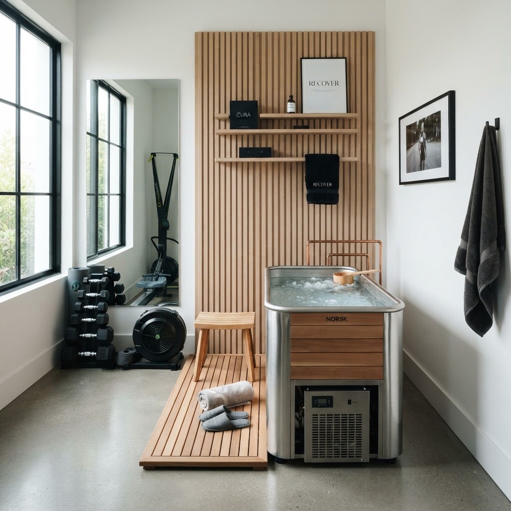 Cold plunge setup in a home gym