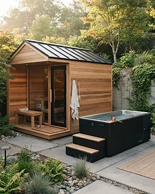 Modern home wellness backyard with a cold plunge and cedar sauna