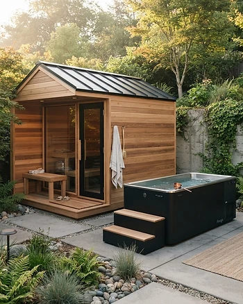 Modern home wellness backyard with a cold plunge and cedar sauna