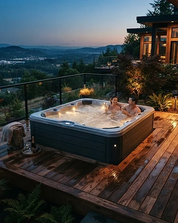 A modern hot tub on a deck at twilight showing high-end wellness design.