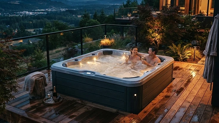 A modern hot tub on a deck at twilight showing high-end wellness design.