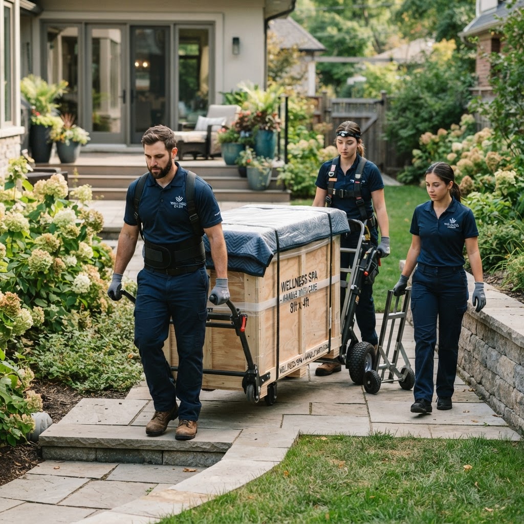 Professional delivery team preparing for hot tub installation
