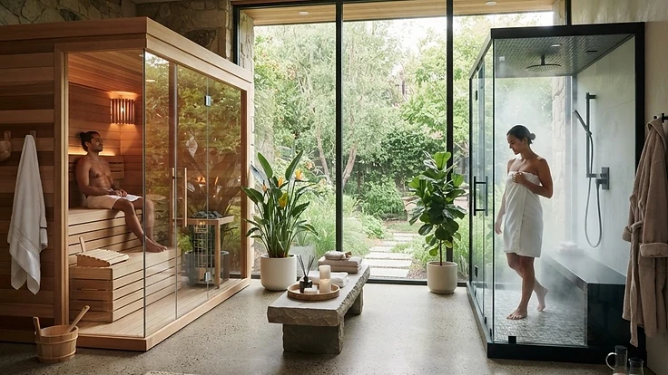 Modern home spa featuring a traditional cedar sauna and a glass steam shower