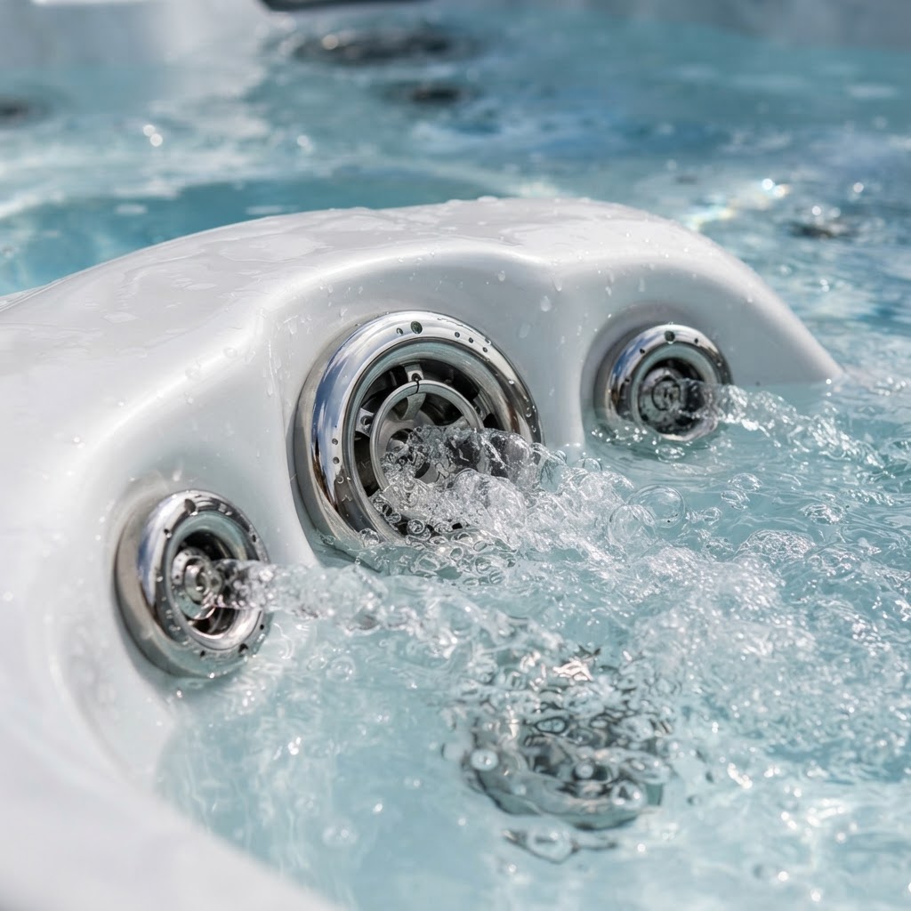 Close-up of premium adjustable hydrotherapy jets in a home hot tub.