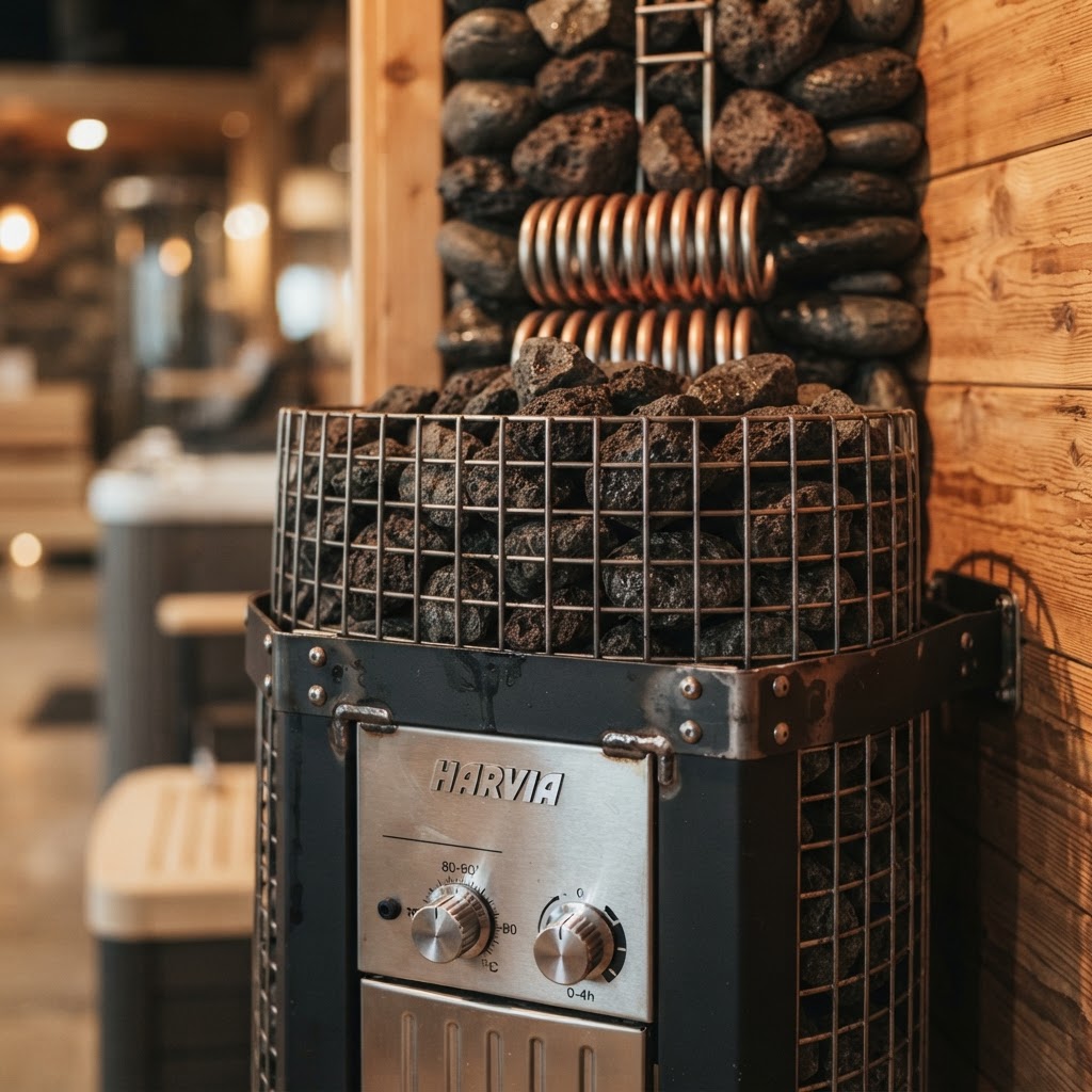 Close-up of premium sauna heater components