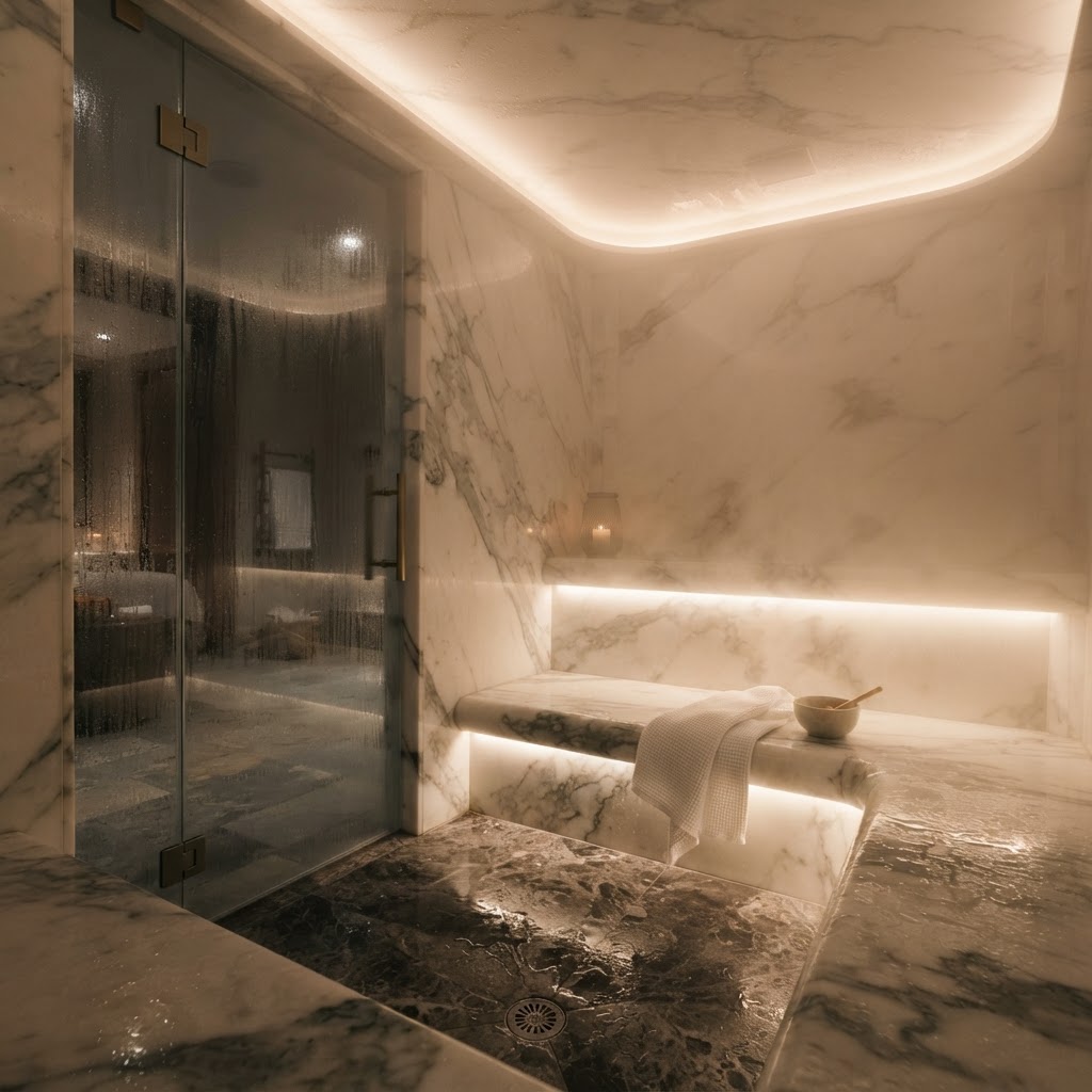 Luxurious home steam room with marble tiles