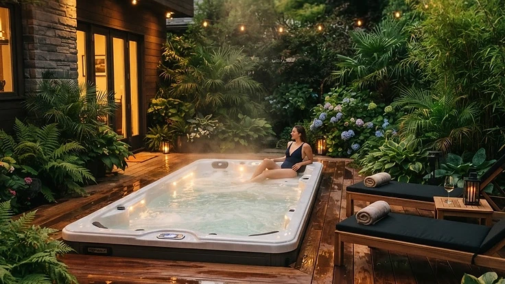 Best Swim Spas for Small Backyards in 2026: A Compact Buyer's Guide — Buying Guides | Hearthside Supply LLC Blog Compact swim spa in a modern backyard