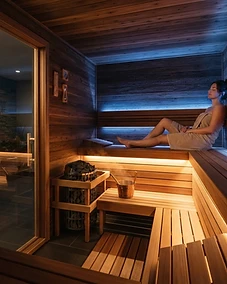 Modern luxury home sauna interior with warm ambient lighting