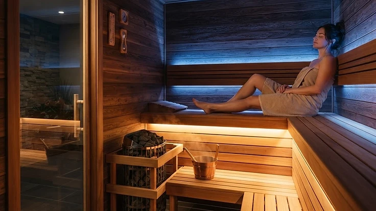 Modern luxury home sauna interior with warm ambient lighting