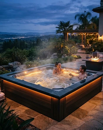 Luxury hot tub in a serene backyard setting at twilight.