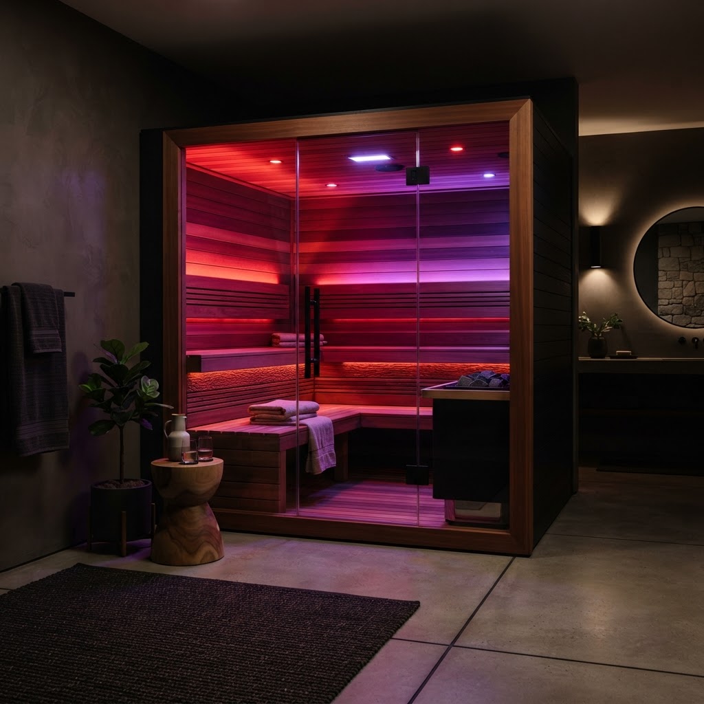 Modern home sauna showing dynamic color light therapy options