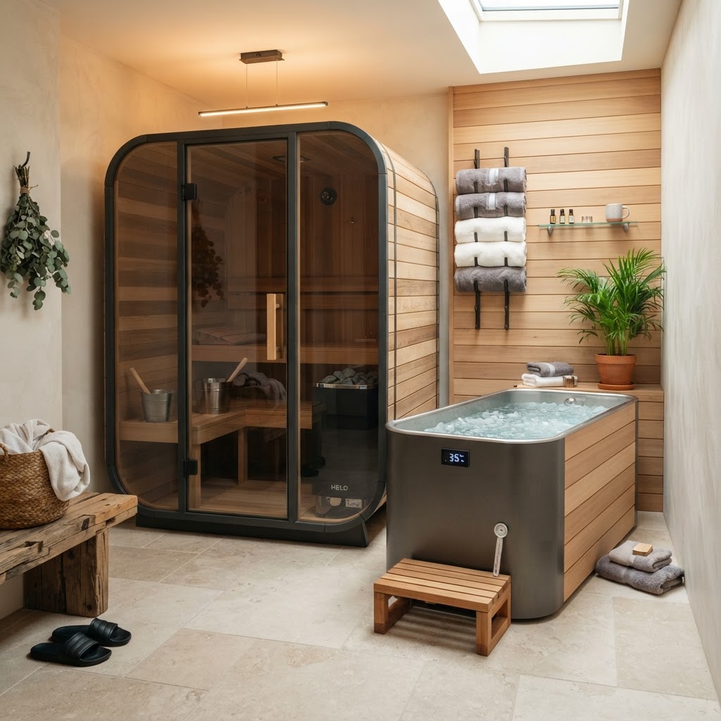 Integrated cold plunge and sauna wellness home setup