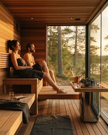 Modern premium home sauna interior with soft natural lighting