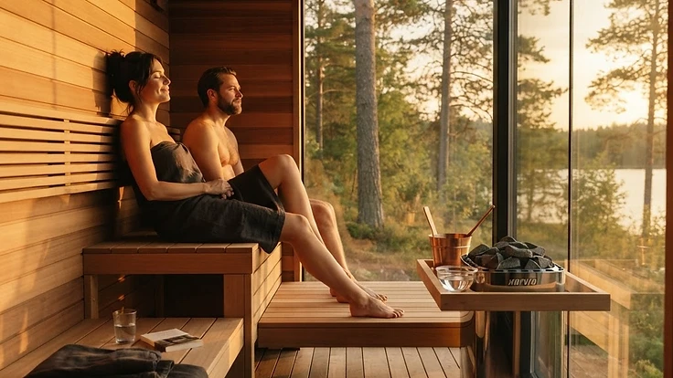 Modern premium home sauna interior with soft natural lighting