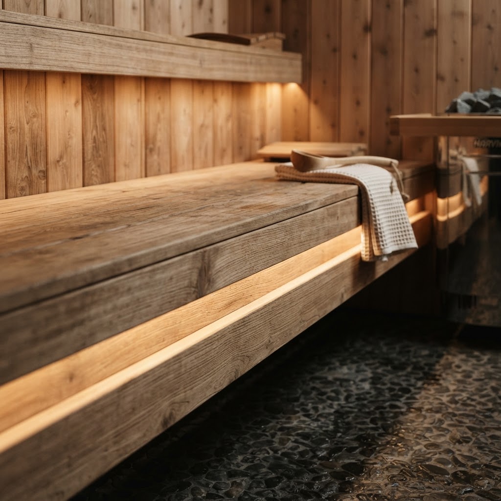Detailed view of LED lighting installation in a premium wooden home sauna