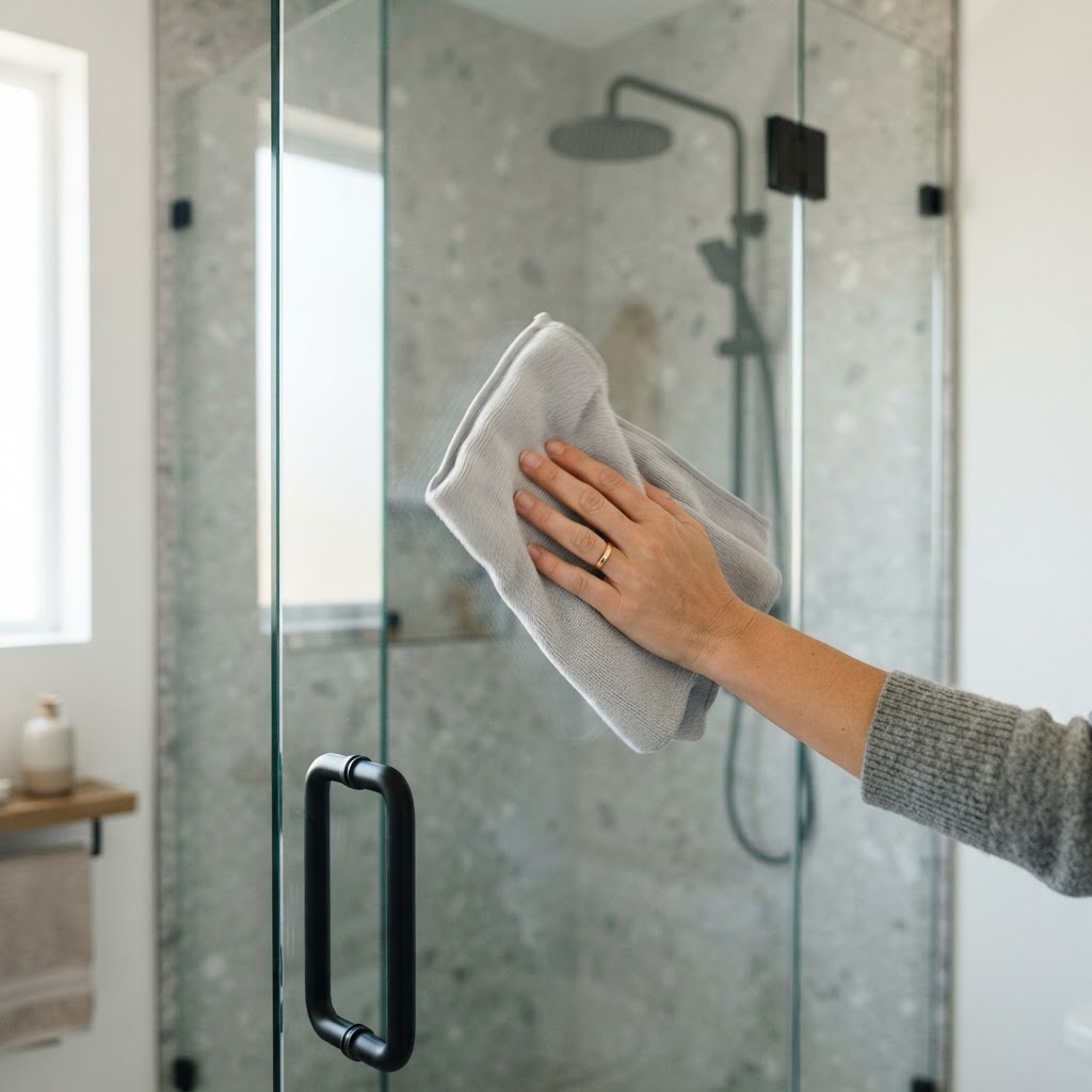 Cleaning a steam shower glass door with a microfiber cloth