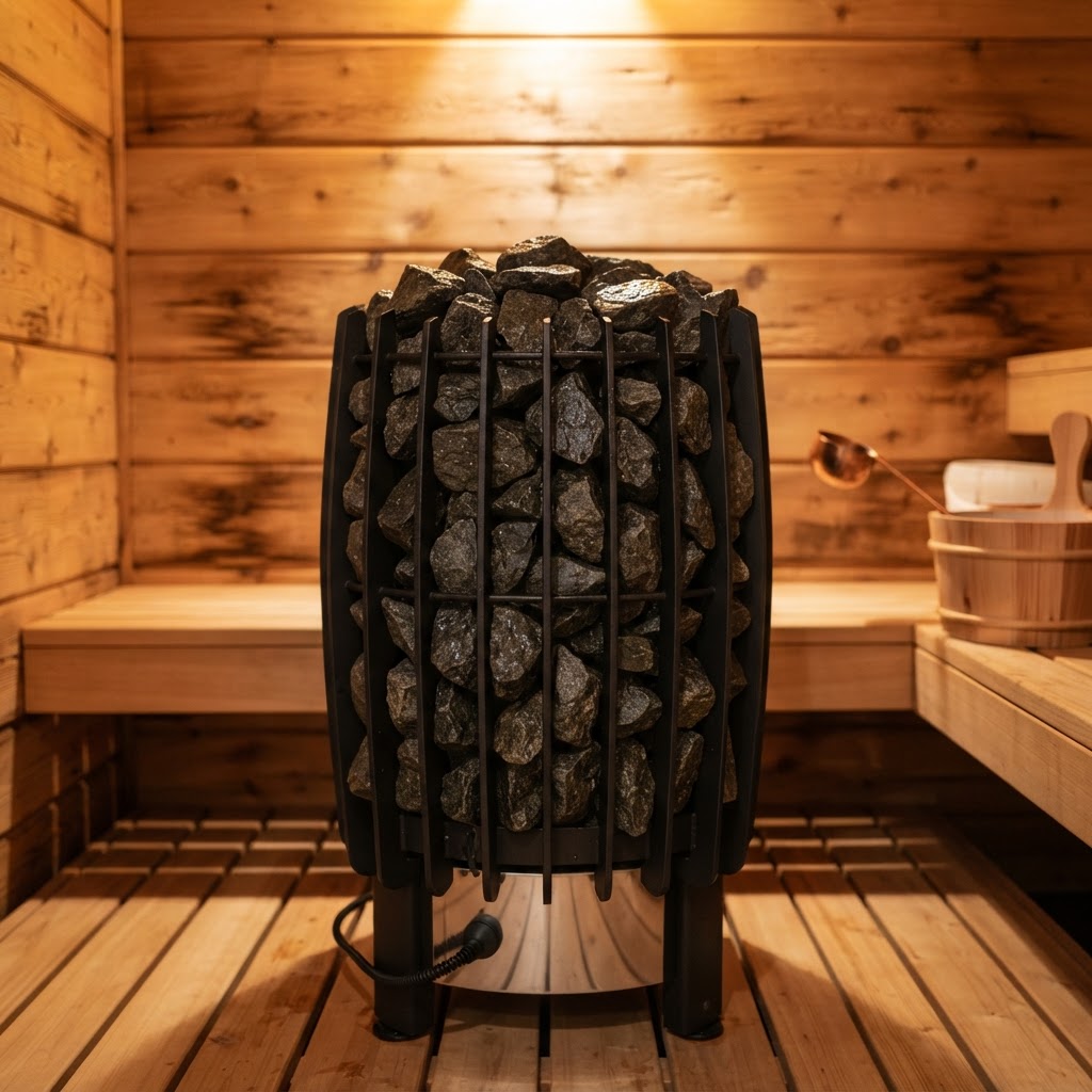 Professional sauna heater installation in a home wellness room