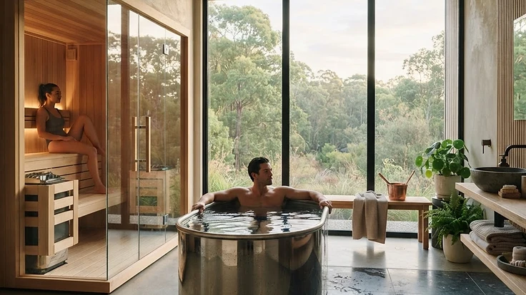 Premium home wellness space with a sauna and a cold plunge for contrast therapy.