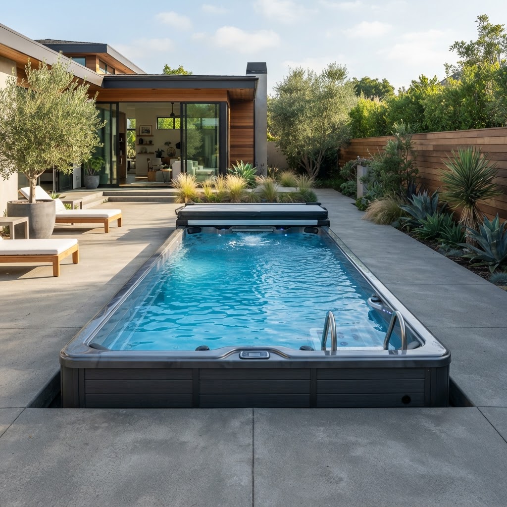 A modern swim spa installed in a backyard