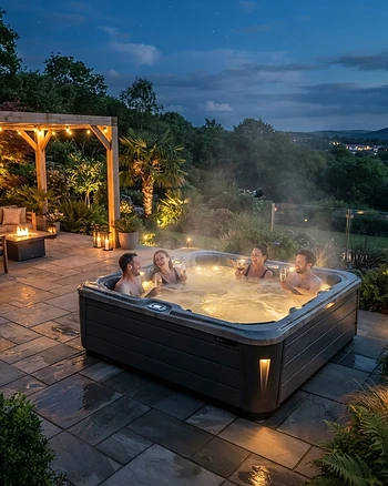 Luxury hot tub on a modern backyard patio at night