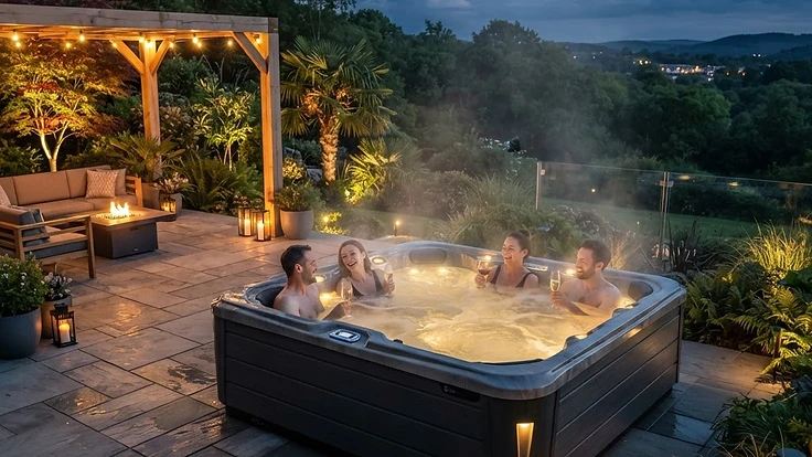 Luxury hot tub on a modern backyard patio at night