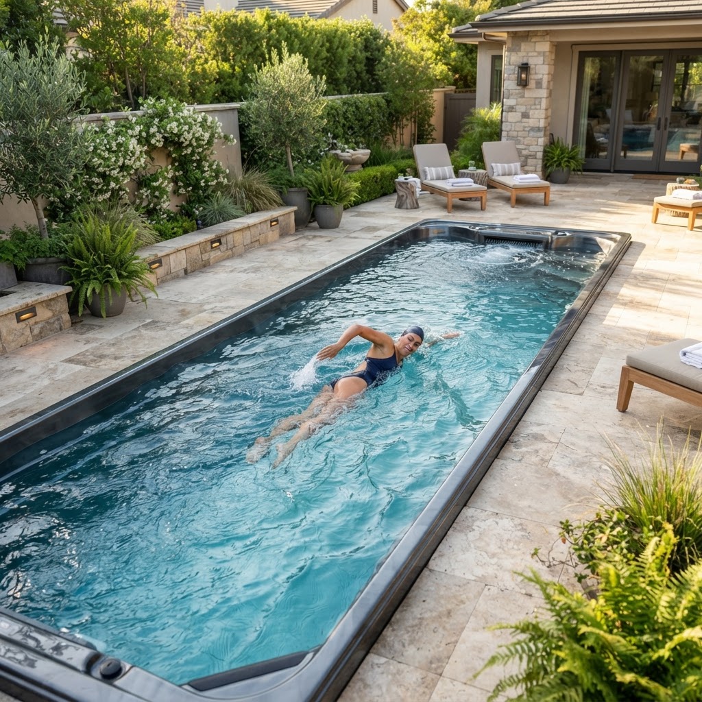 Professional athlete swimming in a modern home swim spa.