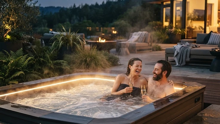 Premium hot tub on a luxury patio at dusk