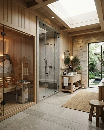A modern home spa interior featuring both a wooden sauna and a luxury steam shower.