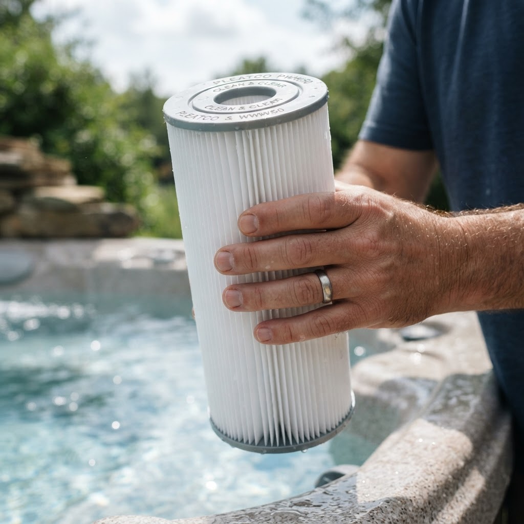 Close-up of a clean hot tub filter cartridge