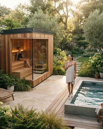 Luxury home sauna and cold plunge in a beautiful backyard setting