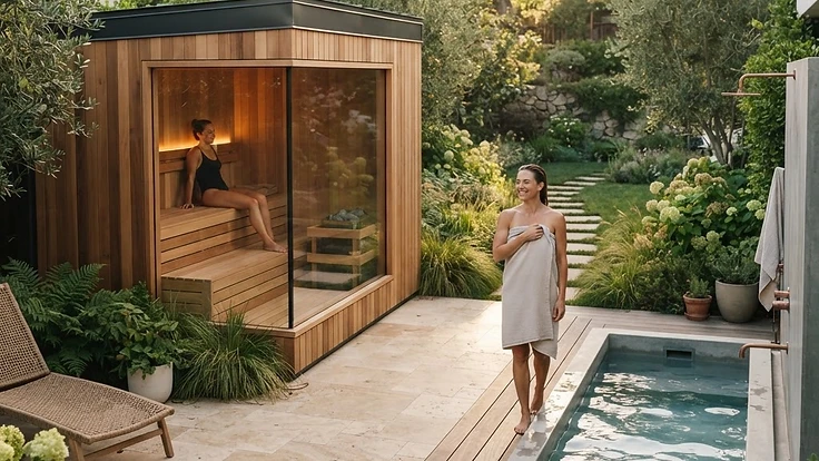 Understanding Warranties: Saunas, Hot Tubs, and Cold Plunges — Buying Guides | Hearthside Supply LLC Blog Luxury home sauna and cold plunge in a beautiful backyard setting