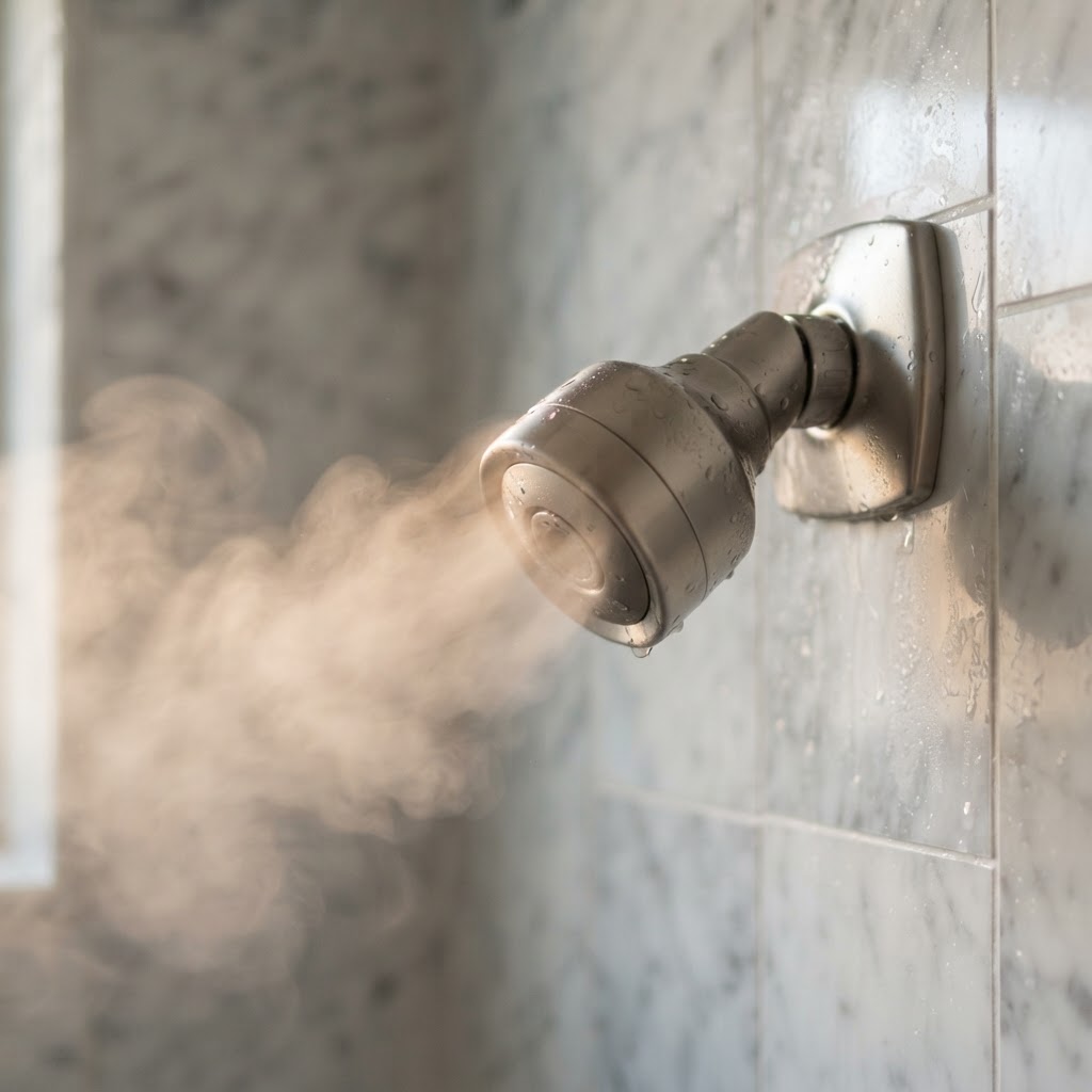 Close-up of a high-quality steam shower nozzle releasing warm steam.