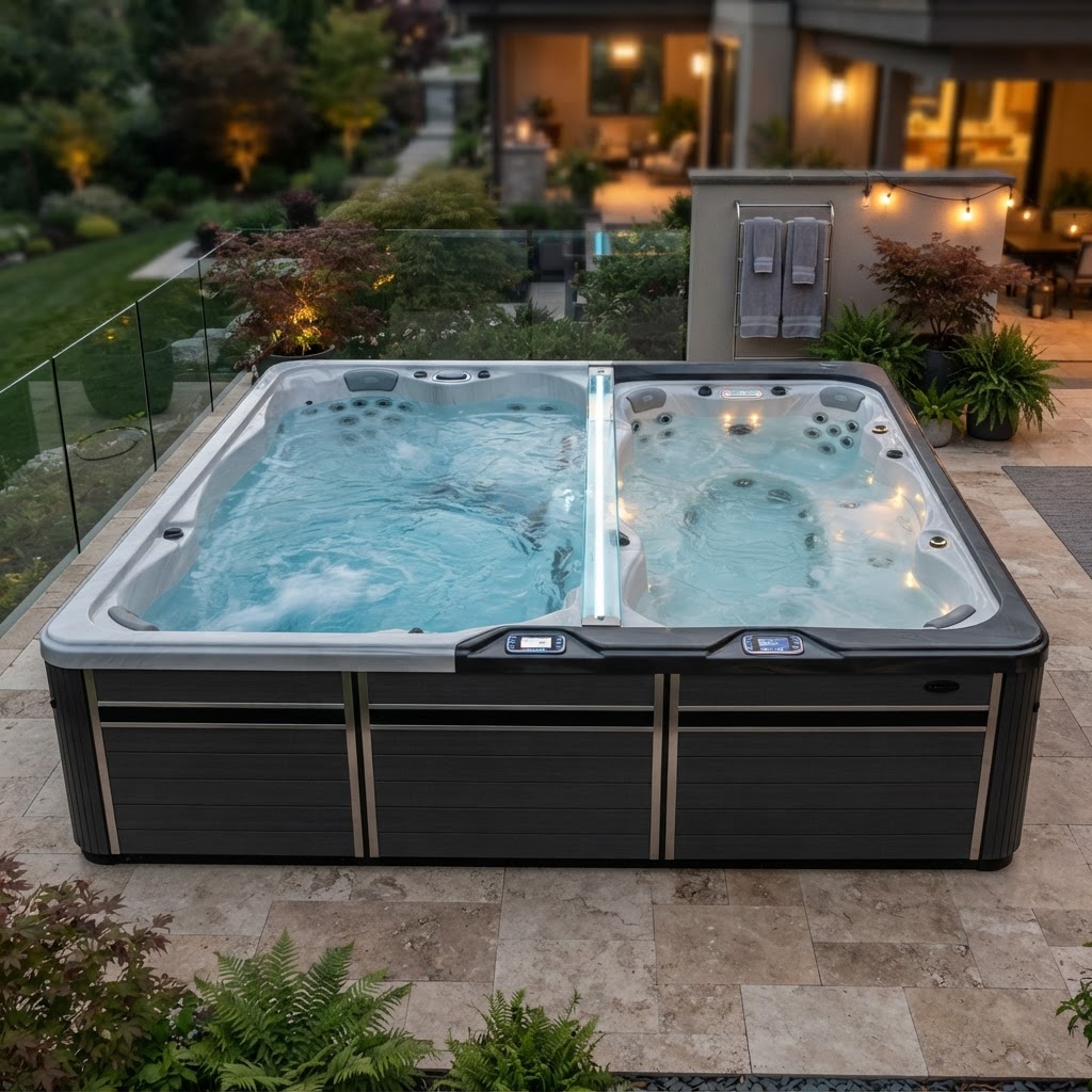 Dual-zone swim spa with separate temperature areas