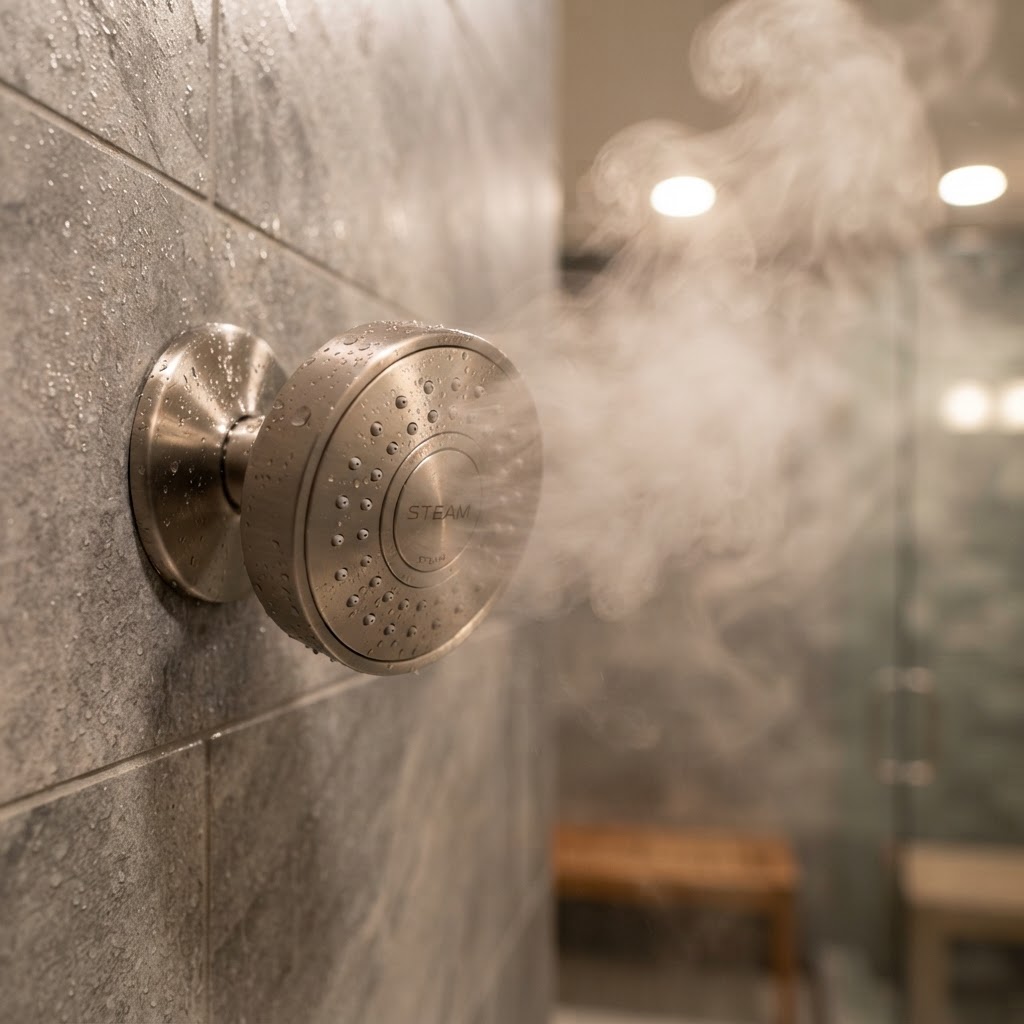 Close-up of a premium steam shower head in operation.