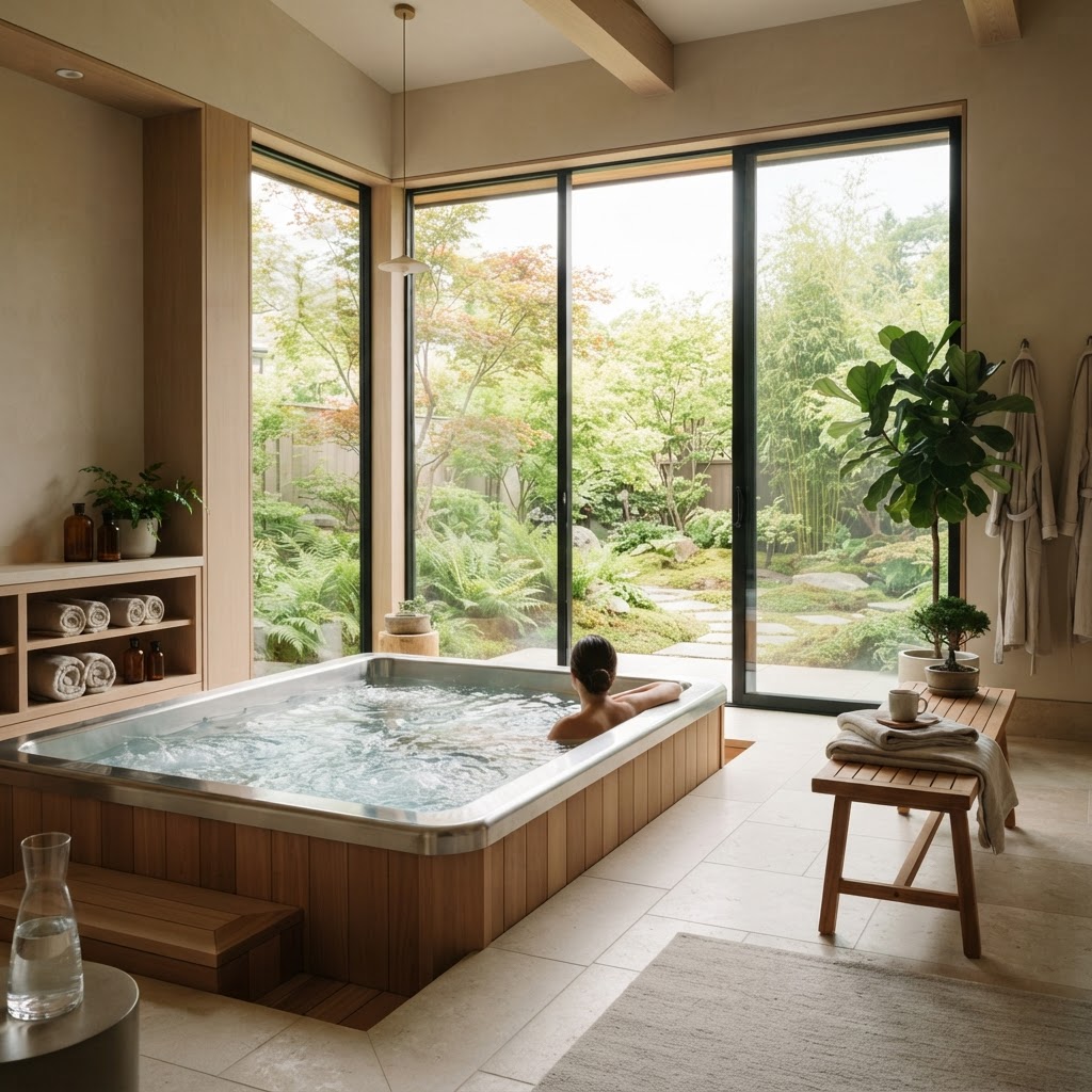 Modern indoor wellness room with a hot tub.