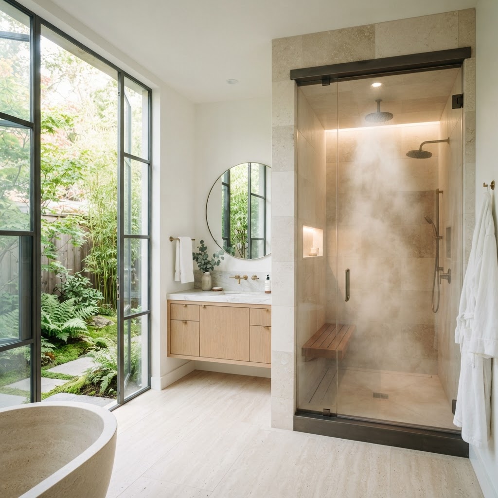 Bright, serene spa-style bathroom interior with steam shower.