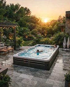Modern premium swim spa installed in a luxurious backyard setting at sunset.