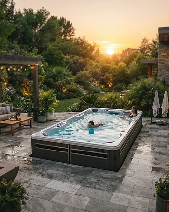 Modern premium swim spa installed in a luxurious backyard setting at sunset.