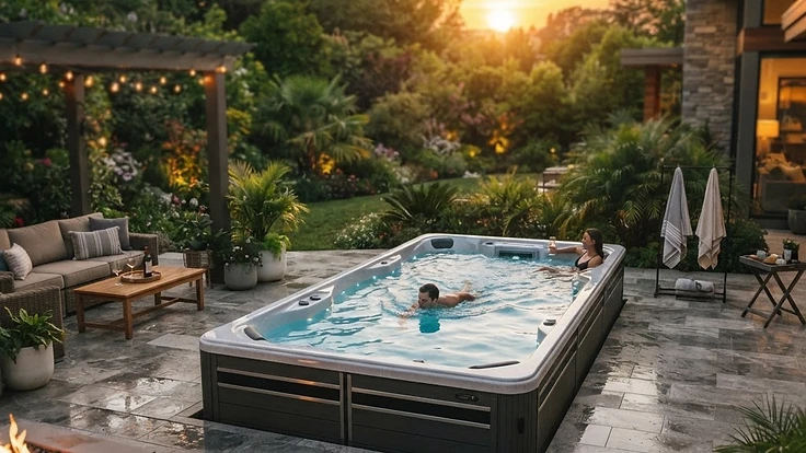 Swim Spa vs Pool: Which Makes Sense for Your Backyard? — Swim Spas | Hearthside Supply LLC Blog Modern premium swim spa installed in a luxurious backyard setting at sunset.