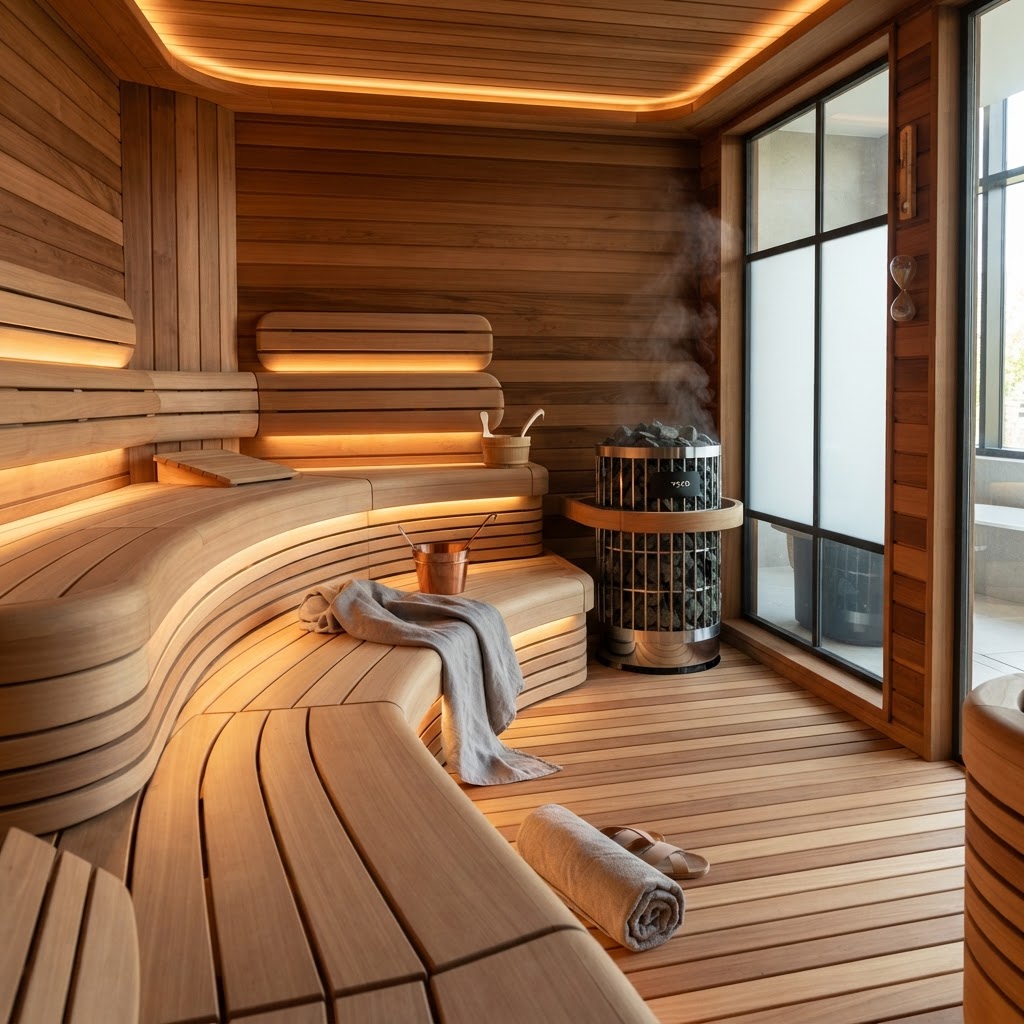 Modern sauna interior with high-end electric heater