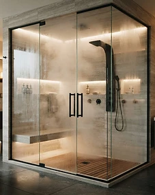 A luxury modern steam shower in a private home wellness room.