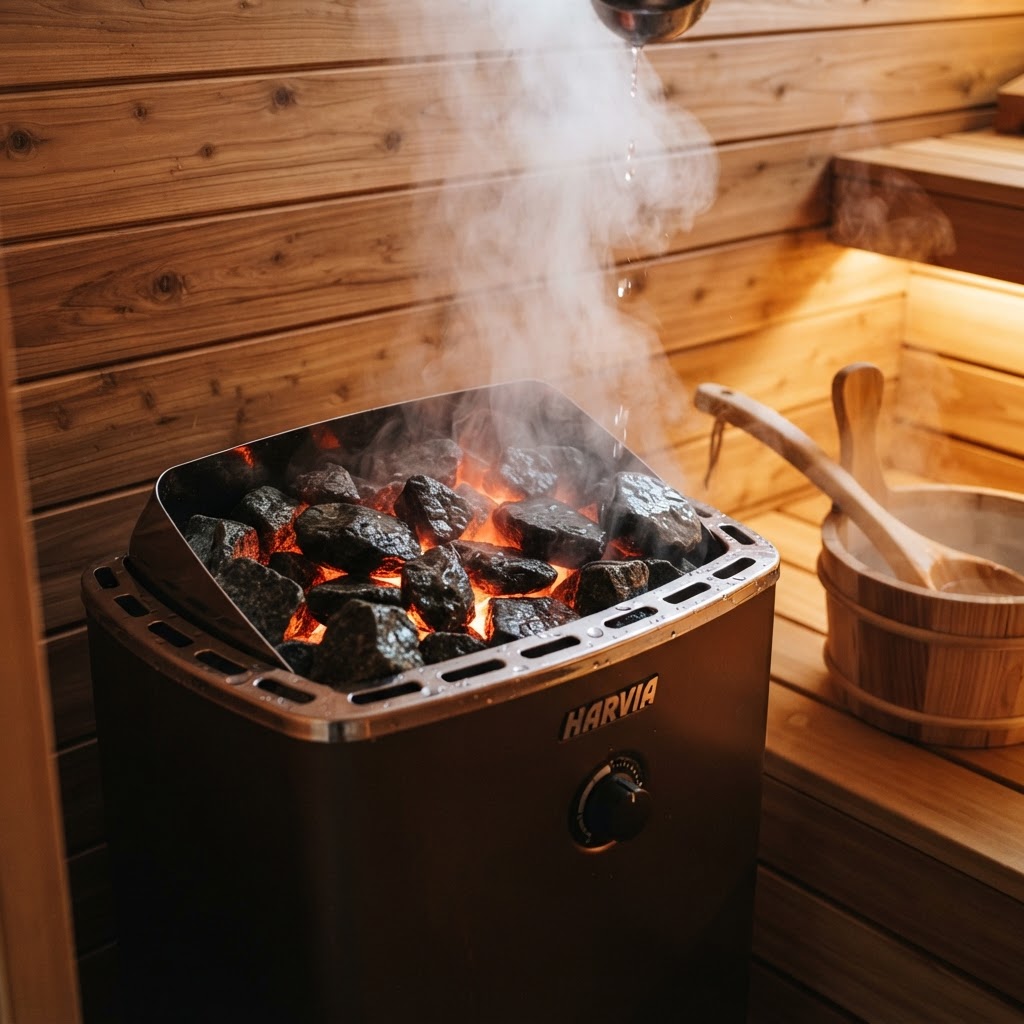 Traditional sauna heater with hot stones and steam