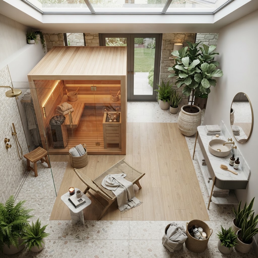 Well-organized home spa space with infrared sauna