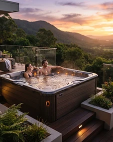 Luxury home hot tub on a deck at sunset