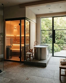 Modern home wellness recovery room with sauna and cold plunge