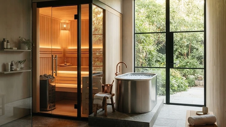 The Science of Heat Therapy: Why Warm Water and Steam Help You Recover — Wellness | Hearthside Supply LLC Blog Modern home wellness recovery room with sauna and cold plunge