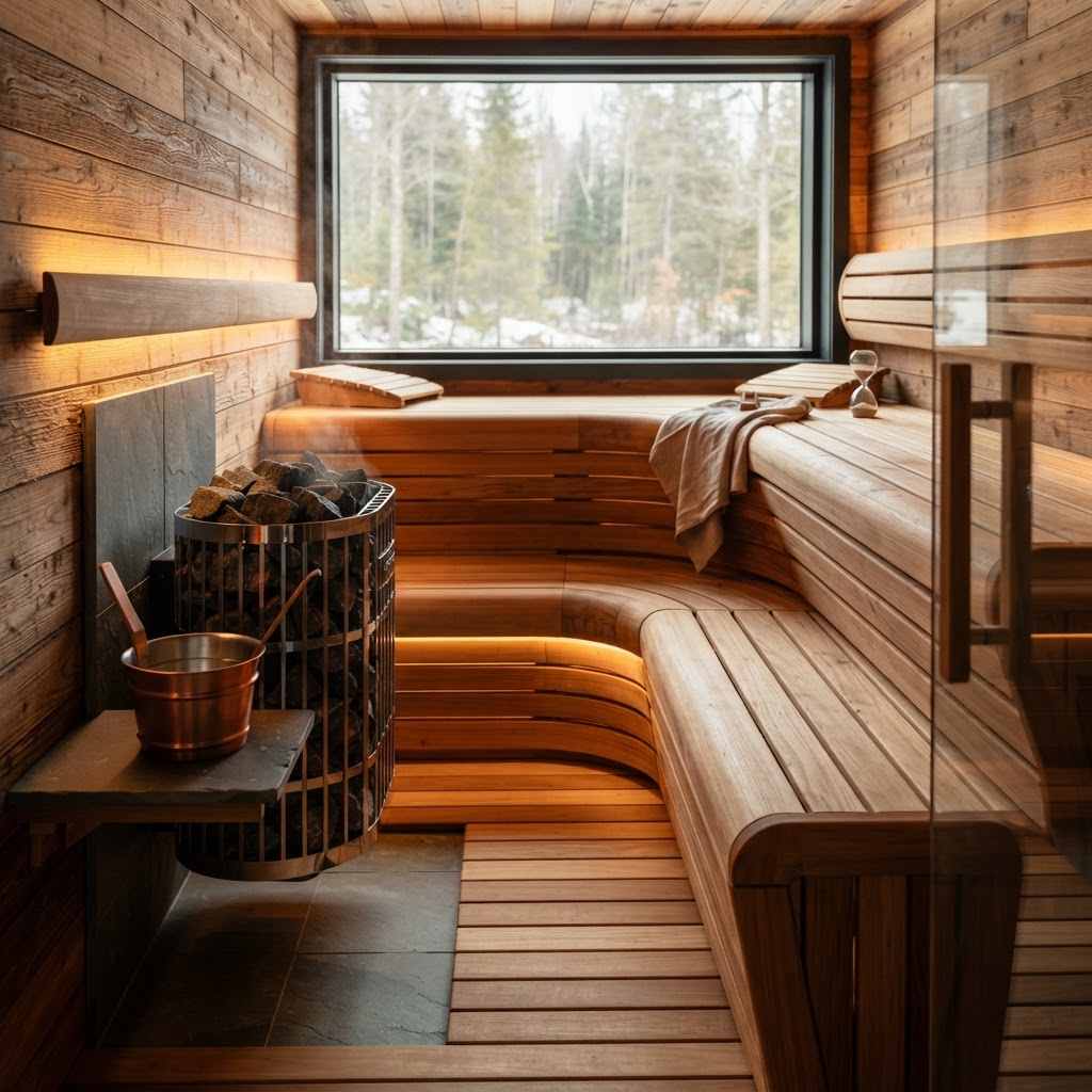 Interior view of a luxury cedar sauna with an electric heater