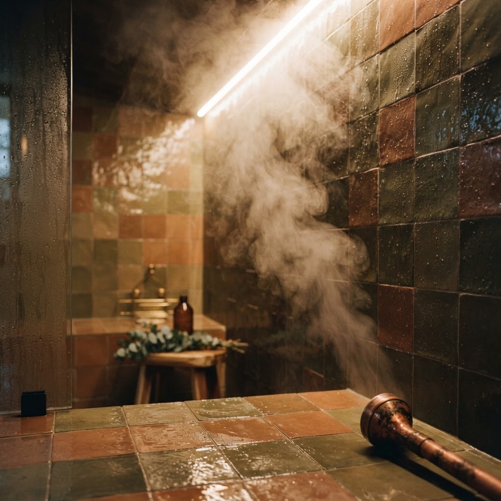 Steam rising inside a modern home steam shower