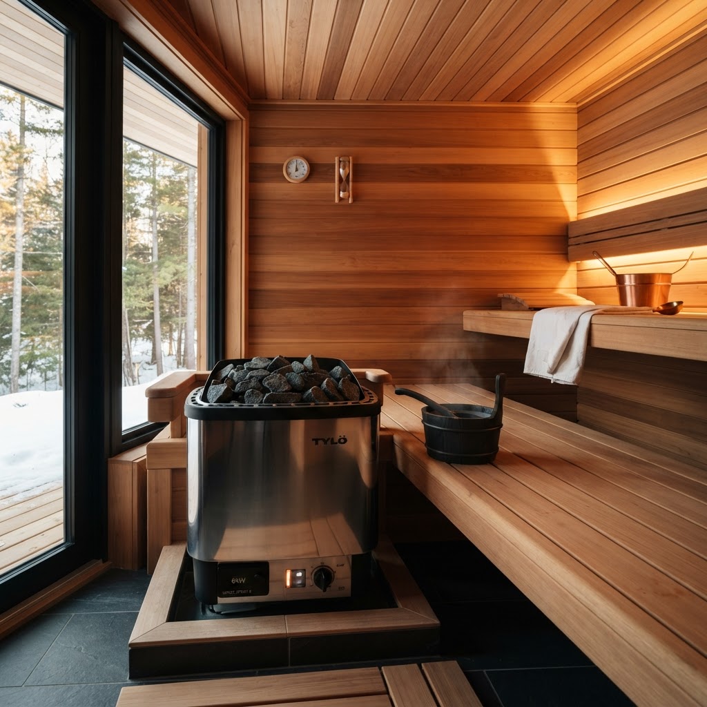 Close-up interior of a professional home sauna heater