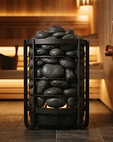 Premium sauna heater filled with high-quality, perfectly placed sauna stones.
